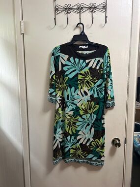 Lily Tropical Stretch Shift Dress in Teal, Lime & Black 3/4 sleeve Summer Dress